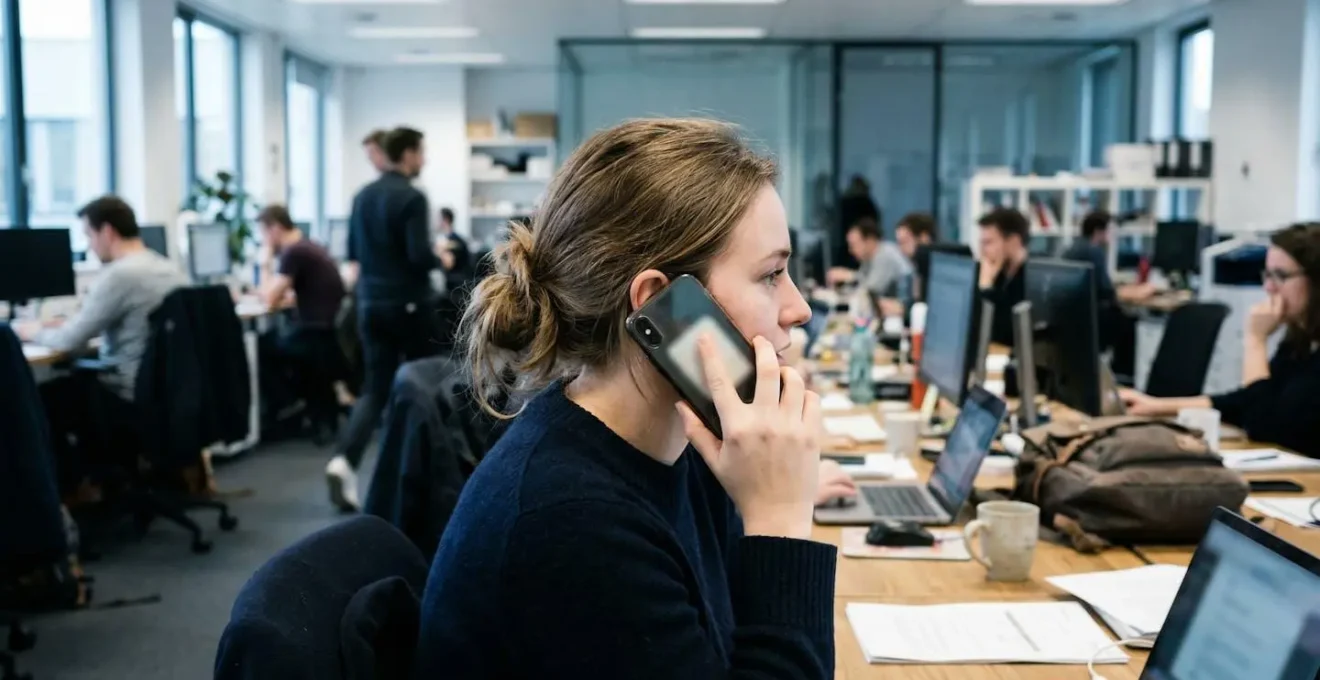 Une personne vue de profil tient un téléphone à l'oreille dans un environnement de bureau ouvert aux tons froids
