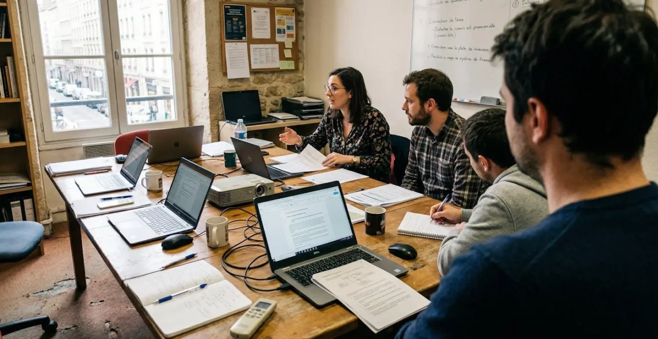 Plusieurs personnes assises autour d'une table de réunion examinent des documents papier et un ordinateur portable dans une salle aux murs clairs