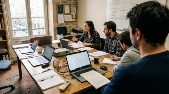 Plusieurs personnes assises autour d'une table de réunion examinent des documents papier et un ordinateur portable dans une salle aux murs clairs