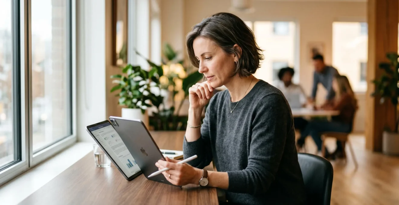 Professionnel consultant une lettre recommandée électronique sur tablette dans un bureau lumineux