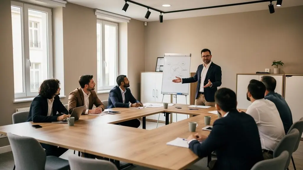 Consultant formateur animant un atelier stratégique avec des professionnels dans une salle de formation moderne