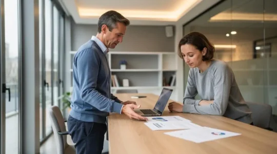 Consultant freelance en portage salarial présentant une analyse stratégique à un client dans un bureau moderne français