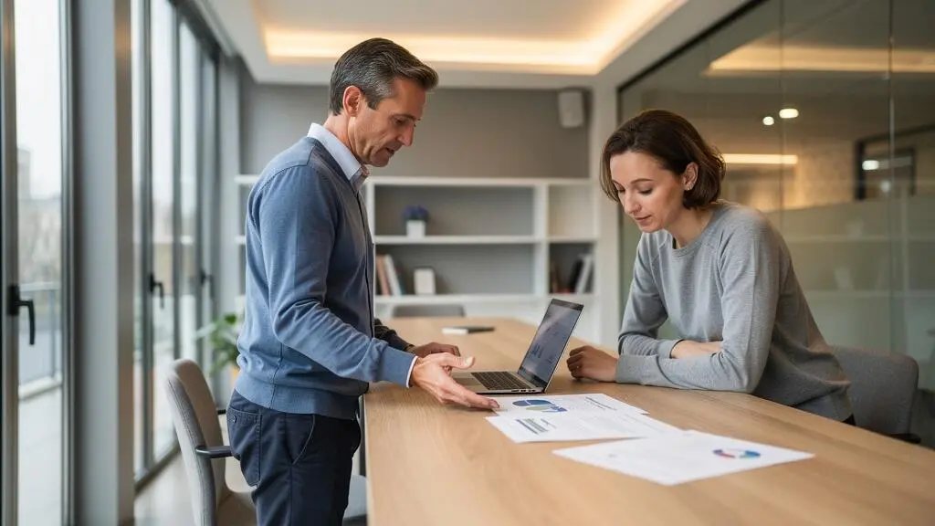 Consultant freelance en portage salarial présentant une analyse stratégique à un client dans un bureau moderne français