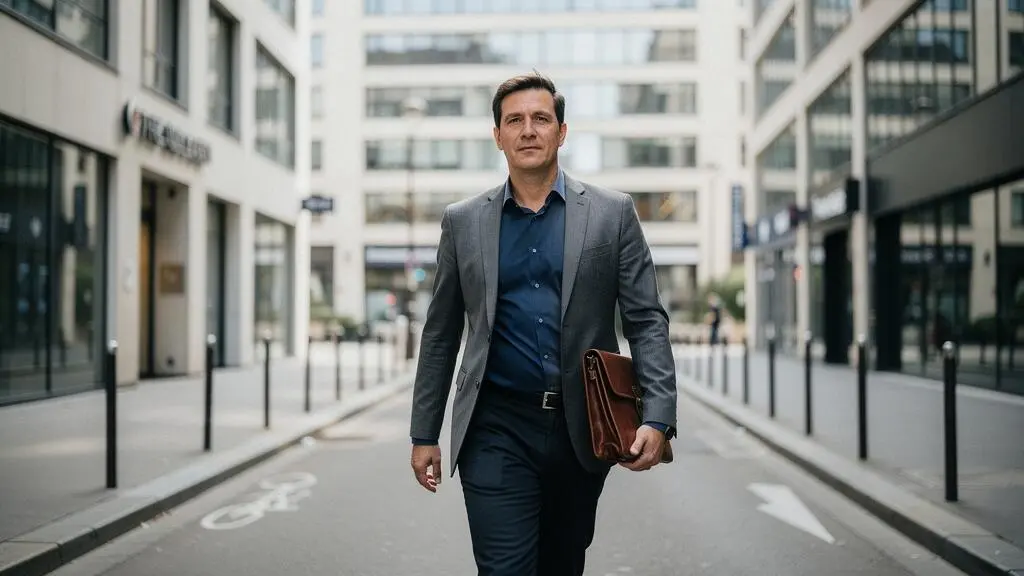 Consultant indépendant en déplacement professionnel dans un quartier d'affaires français contemporain