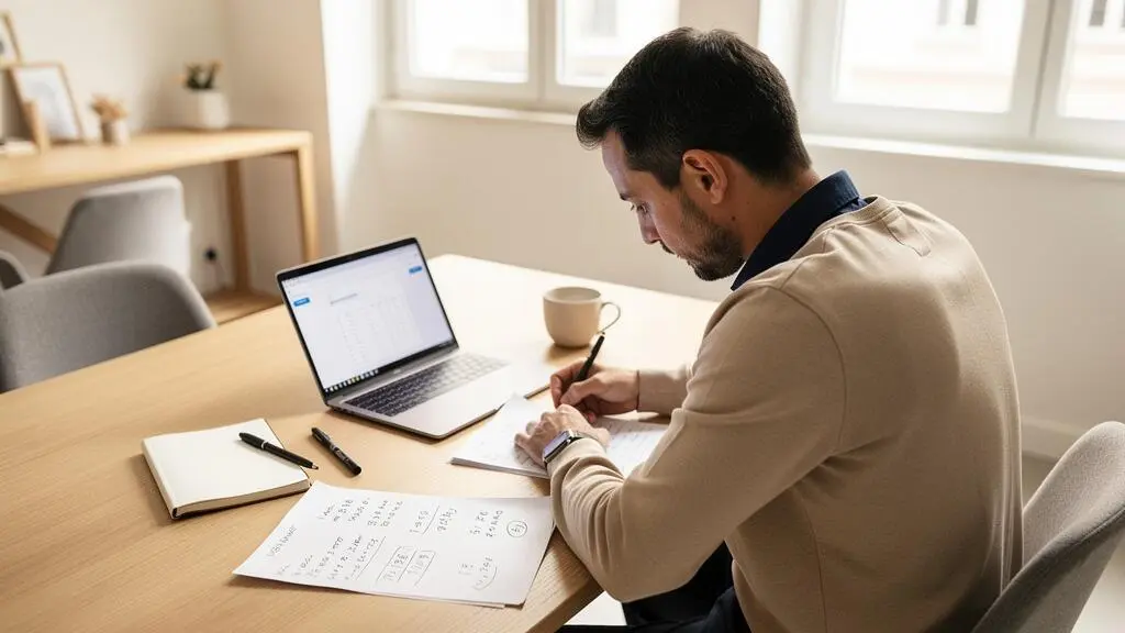 Freelance en portage salarial analysant ses revenus et coûts dans un espace de coworking moderne