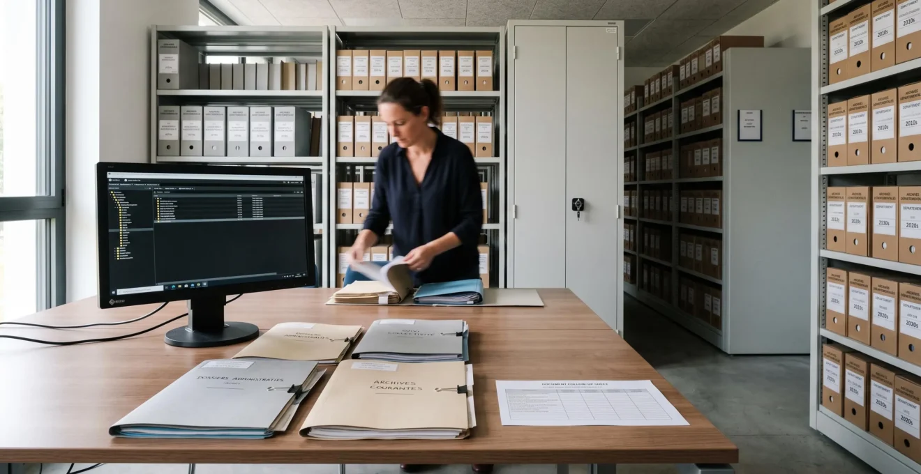 Dossiers administratifs numérisés et documents d'archives examinés dans un service territorial.