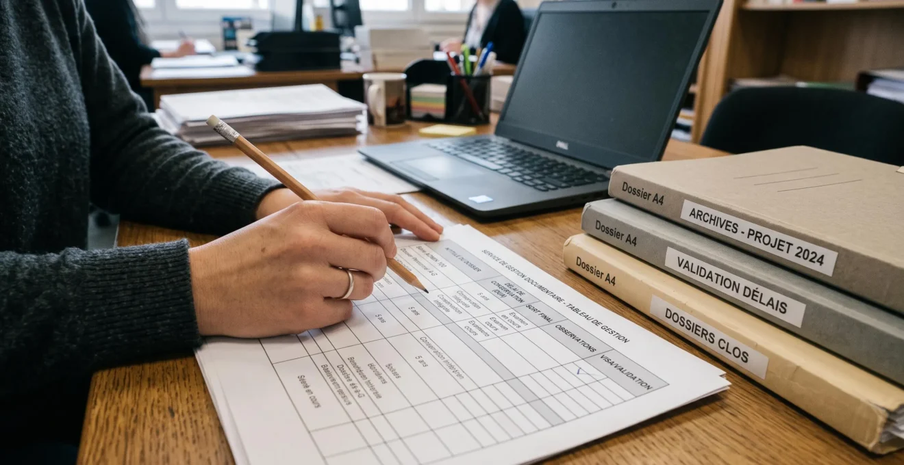 Tableau de gestion documentaire consulté à côté de dossiers administratifs.